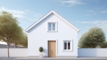 Minimal Style White House Exterior.Gable Roof,glass Window And Wooden Door With Blue Sky.3d Rendering