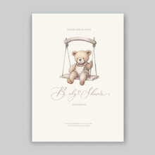 Cute Baby Shower Watercolor Invitation Card For Baby And Kids New Born Celebration With Plush Teddy Bear Toy.