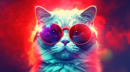  Stylish cat posing in sunglasses. Close portrait of furry kitty in fashion style. Generative AI illustration. Printable design for t-shirts, mugs, cases, etc.