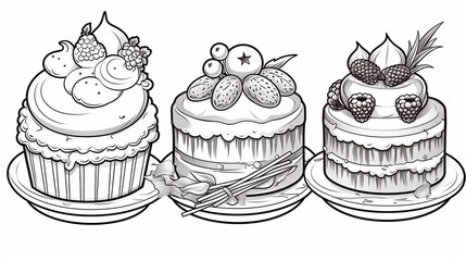 
Children's coloring book with holiday cakes, black and white graphics with a curly pattern. The development of motor skills of children with drawings. Generative AI