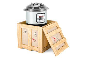 Wall Mural - Automatic Multicooker inside wooden box, delivery concept. 3D rendering