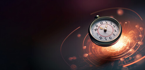 A pocket watch floating above a glowing illustration of a galaxy. Time and countdown concept banner.