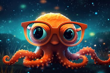 Wall Mural - an orange octopus with a set of goggles and some glasses on its head.