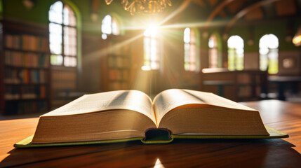 Poster - open book on library background.created with generative ai technology.