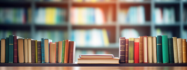Poster - book stack on wood desk and blurred bookshelf in the library room.created with generative ai technol