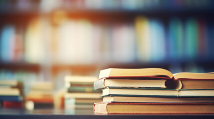 Poster - book stack on wood desk and blurred bookshelf in the library room.created with generative ai technol
