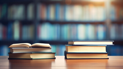 Poster - book stack on wood desk and blurred bookshelf in the library room.created with generative ai technol
