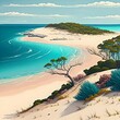 a cartoon illustration of Moreton Island The image is realistic and includes white sand beach blue ocean and waves 
