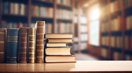 Poster - book stack on wood desk and blurred bookshelf in the library room.created with generative ai technol