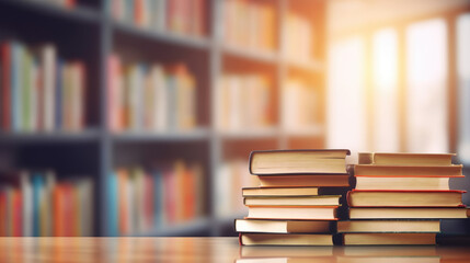 Poster - book stack on wood desk and blurred bookshelf in the library room.created with generative ai technol