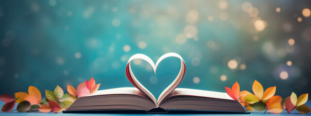 Poster - Open Book pages in shape of heart with autumn leaves on blurred blue background.Created with Generative AI technology.