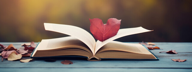 Poster - Opened Book pages with autumn leaf in shape of heart on blurred nature background.Created with Generative AI technology.