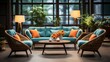 © Muzaffer Stock - Home interior mock-up with turquoise armchairs, table and pampas, 3d render. Created with generative AI.