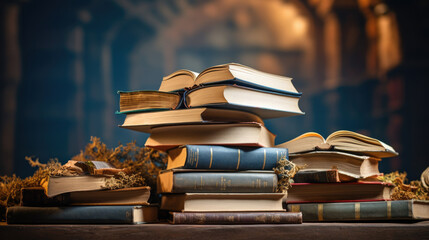 Poster - Stack of Old books on wooden table in library and ray of light.Created with Generative AI technology.