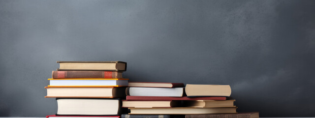 Poster - A stack of books on a table against a gray wall.Created with Generative AI technology.