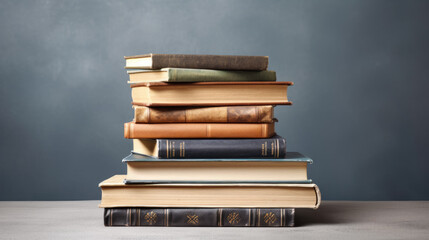 Poster - A stack of books on a table against a gray wall.Created with Generative AI technology.