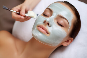 Woman with eyes closed and white facial mask on face in SPA, Face and body care, relaxation and mental health. High quality photo