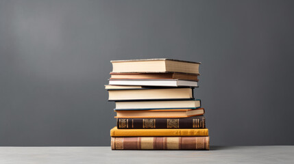 Poster - A stack of books on a table against a gray wall.Created with Generative AI technology.