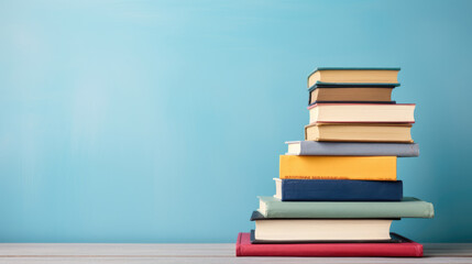 Poster - A stack of books on a table against a blue wall.Created with Generative AI technology.