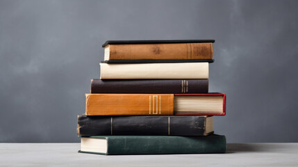 Poster - A stack of books on a table against a gray wall.Created with Generative AI technology.