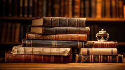 Poster - Stack of Old books on wooden table in library .Created with Generative AI technology.