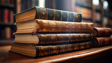 Poster - Stack of Old books on wooden table in library .Created with Generative AI technology.