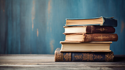 Poster - Stack of Old books on wooden table above blue background .Created with Generative AI technology.
