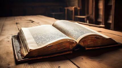 Poster - Old opened book on wooden table in library .Created with Generative AI technology.