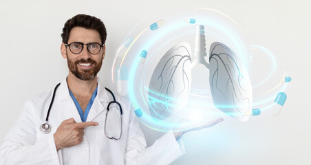 Aufkleber - Cheerful doctor pointing at hologram of human lungs, collage