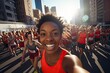 black female marathon runner is taking a selfie while running through a crowd of other runners, with the city skyline in the background , wide angle view