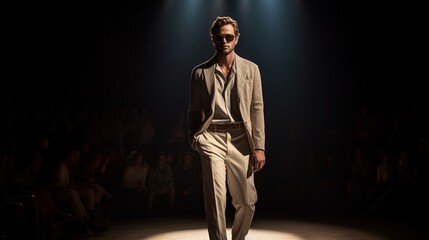 A model man walks the runway at fashion show. Wide full body portrait shot.