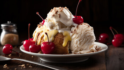 Poster - Indulgent gourmet dessert plate with fresh berry fruit and whipped cream generated by AI