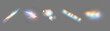 © roman11998866 - Set of colorful vector lenses and light flares with transparent effects. Iridescent crystal leak glare reflection effect. Optical rainbow lights, glare, leak, streak overlay. falling confetti. Vector
