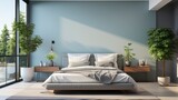 Fototapeta  - Contemporary bedroom interior in white and blue colors, with wall frame 3d render. Created with generative AI.
