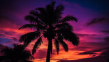 Fototapeta Zachód słońca - Silhouette of palm tree against vibrant sunset, tropical paradise beauty generated by AI