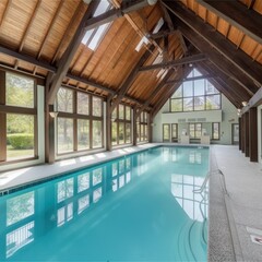 Wall Mural - Indoor swimming pool in a luxury home. Fully glazed room with wooden frame, wooden ceiling with beams, stunning views of the garden or private park. 3D rendering.