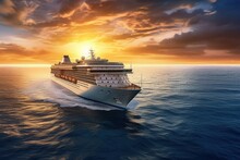 Aerial View Of Luxury White Cruise Ship In Tropical Sea. Beautiful Sky, Bright Sunset Over The Horizon. The Concept Of Summer Cruise Vacation And Travel. 3D Rendering.