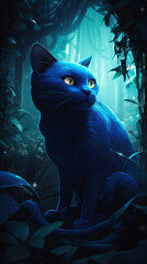 Wall Mural - A blue cat sitting in the middle of a forest Generative Ai