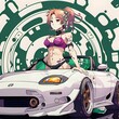 1999 mazda miata with gorgeous big chest anime girl geometric background with white background 