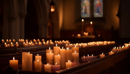 Wall Mural - Catholic candles burning in a row, illuminating symbols of peace generated by AI