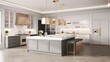 © Georgii - Modern classic white kitchen in a luxury apartment. Large kitchen island with marble top and bar stools, glazed cabinets, luxurious chandelier, gilded details, modern kitchen appliances. 3D rendering.