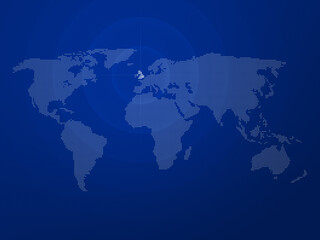 Poster - Dotted halftone world map with the country of United Kingdom (UK or Britain) highlighted. Modern and clean world map on a blue color gradient background.