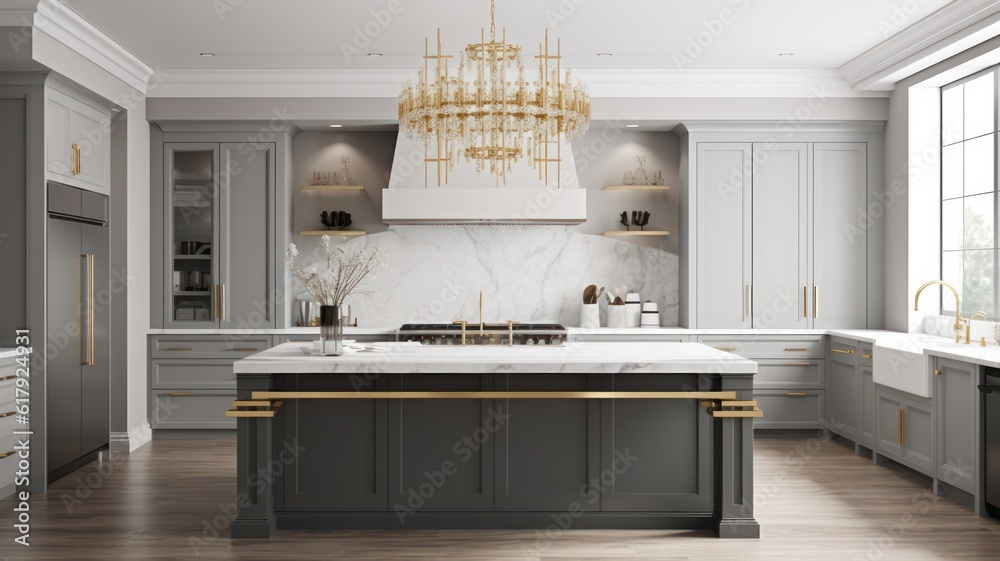 Modern classic kitchen in a luxury apartment. Large kitchen island with ...