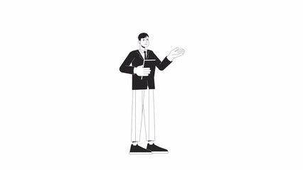Fototapete - Manager with papers bw animation. Animated character office man with business report. Monochrome 2D flat outline cartoon 4K video, white background, alpha channel transparency for web design