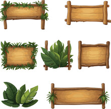 Set Of Wooden Signboard Bamboo Frame Parchment Decorated With Leaves And Tree Branches, Game UI Assets