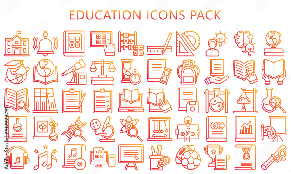 education gradient outline icons pack. contain book, ruler, microscope ...