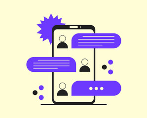 Poster - A smartphone with a screen that shows correspondence in the messenger. Chat bubbles are shown on the screen. The illustration can be used to show ways of communication, social networks.