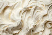 Texture Of White Ice Cream Background, Close Up. Whipped Mascarpone Cream Cheese Top View. Overhead View Of Vanilla Ice Cream Surface. Generative AI Photo.