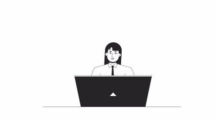 Fototapete - female receptionist bw animation. animated character office worker laptop. secretary. monochrome 2d 