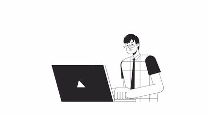 Fototapete - Office worker laptop bw animation. Animated character man looking computer screen. Monochrome 2D flat outline cartoon 4K video, white background, alpha channel transparency for web design